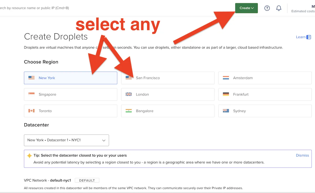DigitalOcean droplet creation screen showing server image options