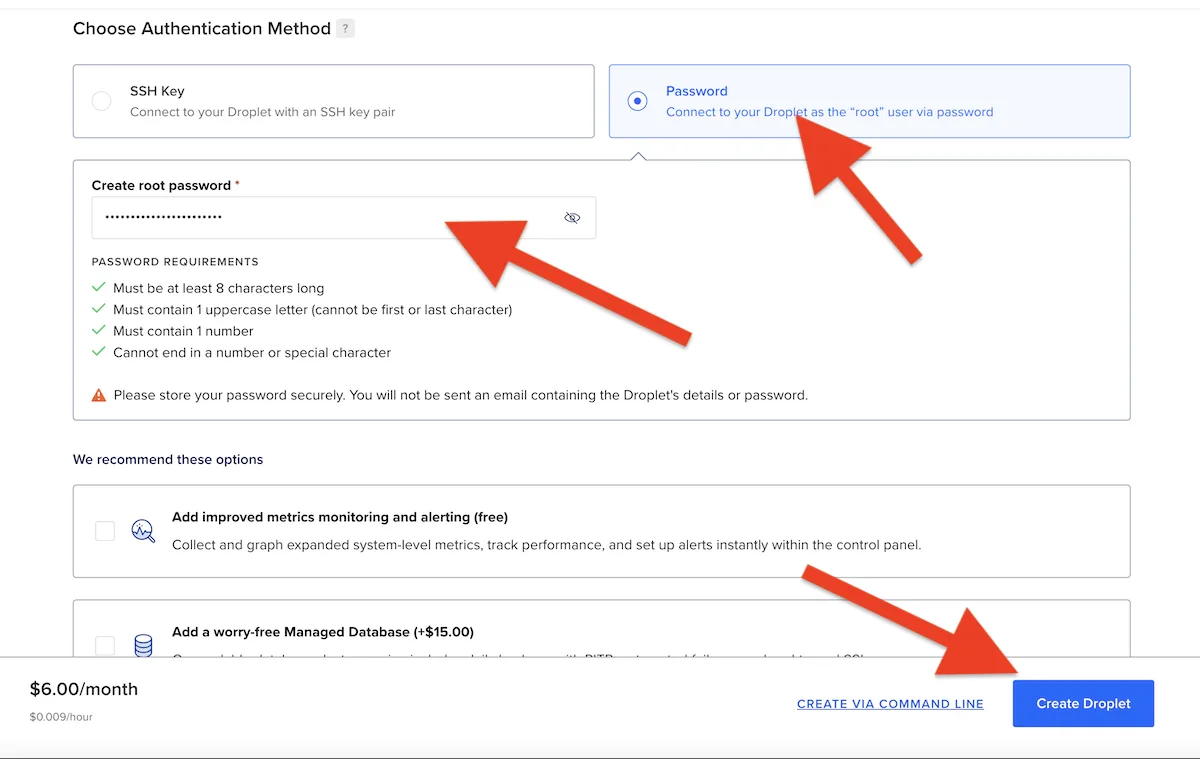 DigitalOcean droplet final creation settings